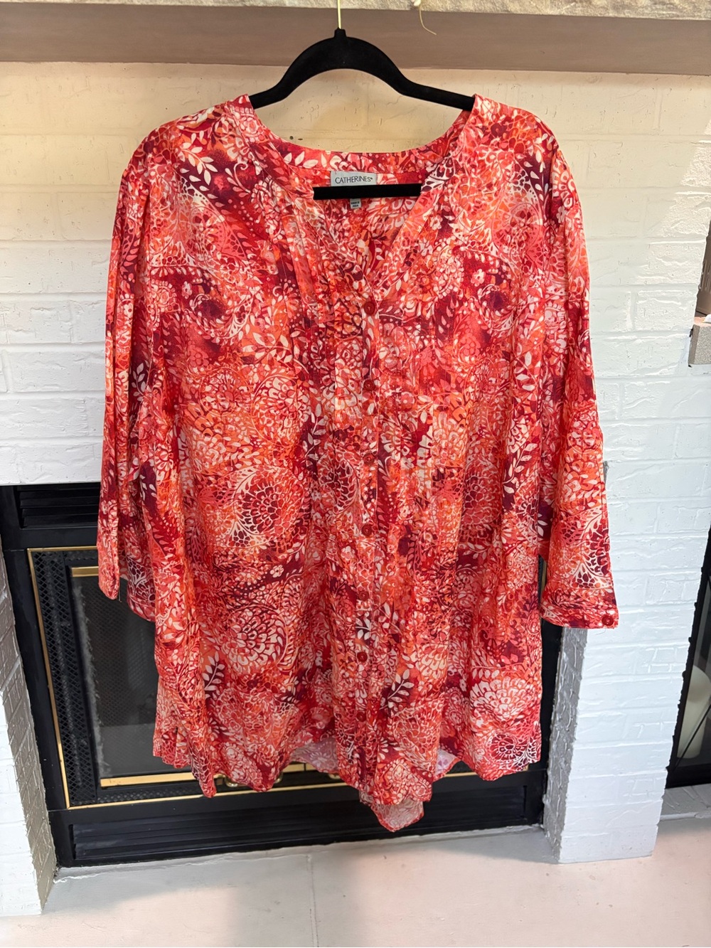 Catherines Coral & Red Floral V-Neck Tunic Blouse